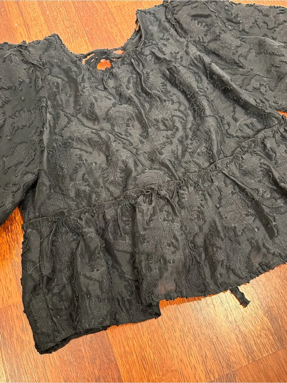 Free People Callie Black Textured Puff-Sleeve Peplum Blouse. Bohemian. Festival